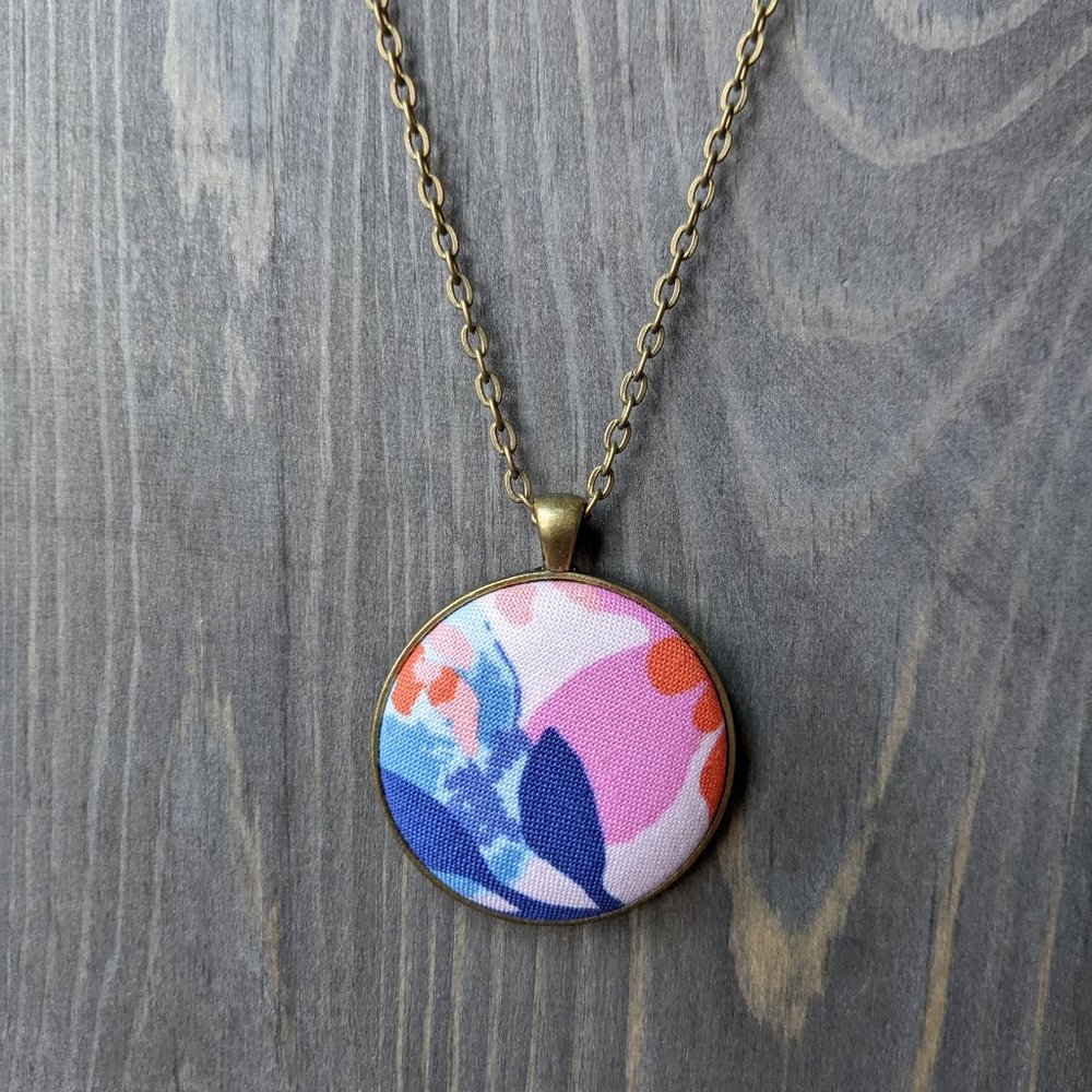 Fabric Cabochon Necklace with Pink & Blue Watercolor Style Fabric
